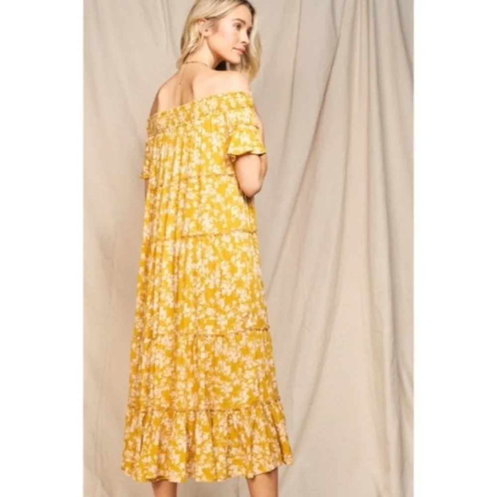 SOLD OUT Moss Yellow Floral Flowly Bohemian Tiered Off The Shoulder Casual Maxi - Picture 6 of 6